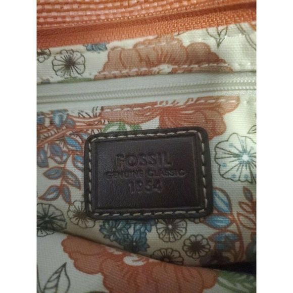 Fossil Tote Bag Salmon Fabric with Brown Leather Straps Small - Picture 7 of 8